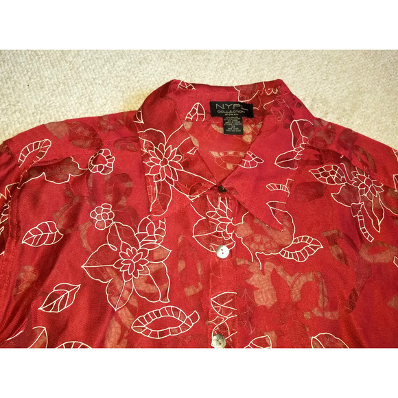 NWT Womens Top-NYPL COLLECTION-dk red/white floral sheer button-up 3/4 slv-3X - Picture 2 of 7